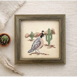 Framed Desert Quail Cross Stitch Wall Art in Green and Cream